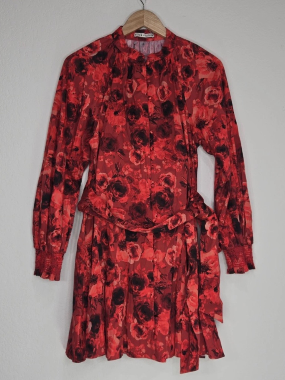 Alice + Olivia Janice Godet Mini Dress Button Front Belted Oceanside Floral 6